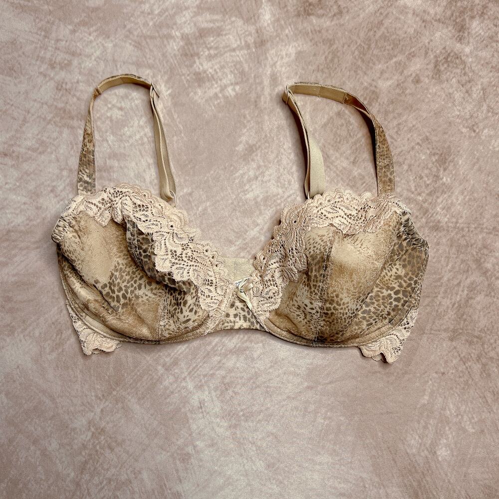 Whimsy Leopard Print Beige Floral Lace Trim Ribbon Bra Mobwife Lingerie Pinup